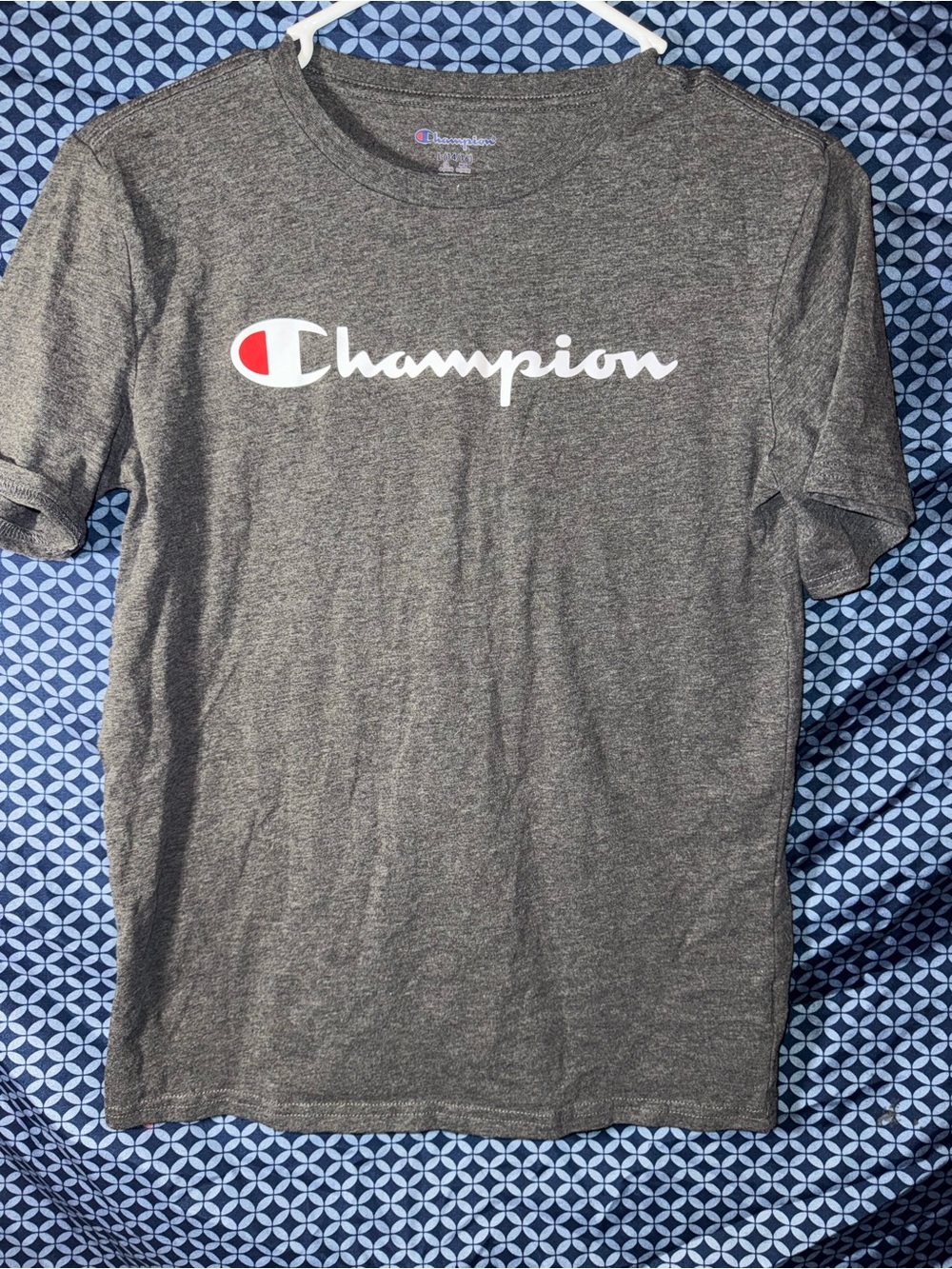 Champion Gray Short-Sleeve Logo Tee with Red Accent